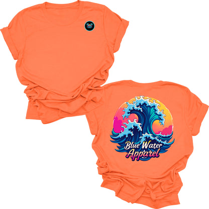 Flat lay orange retro wave tee by blue water apparel