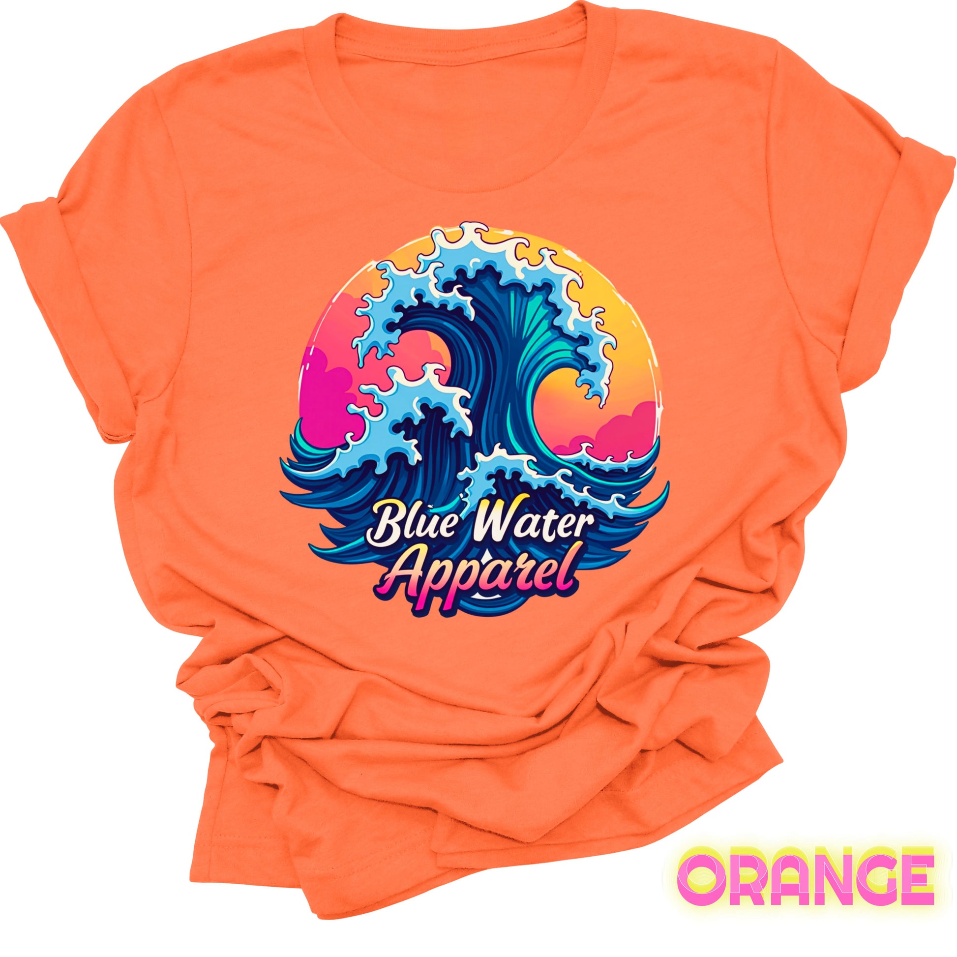 front graphic orange retro wave tee by blue water apparel