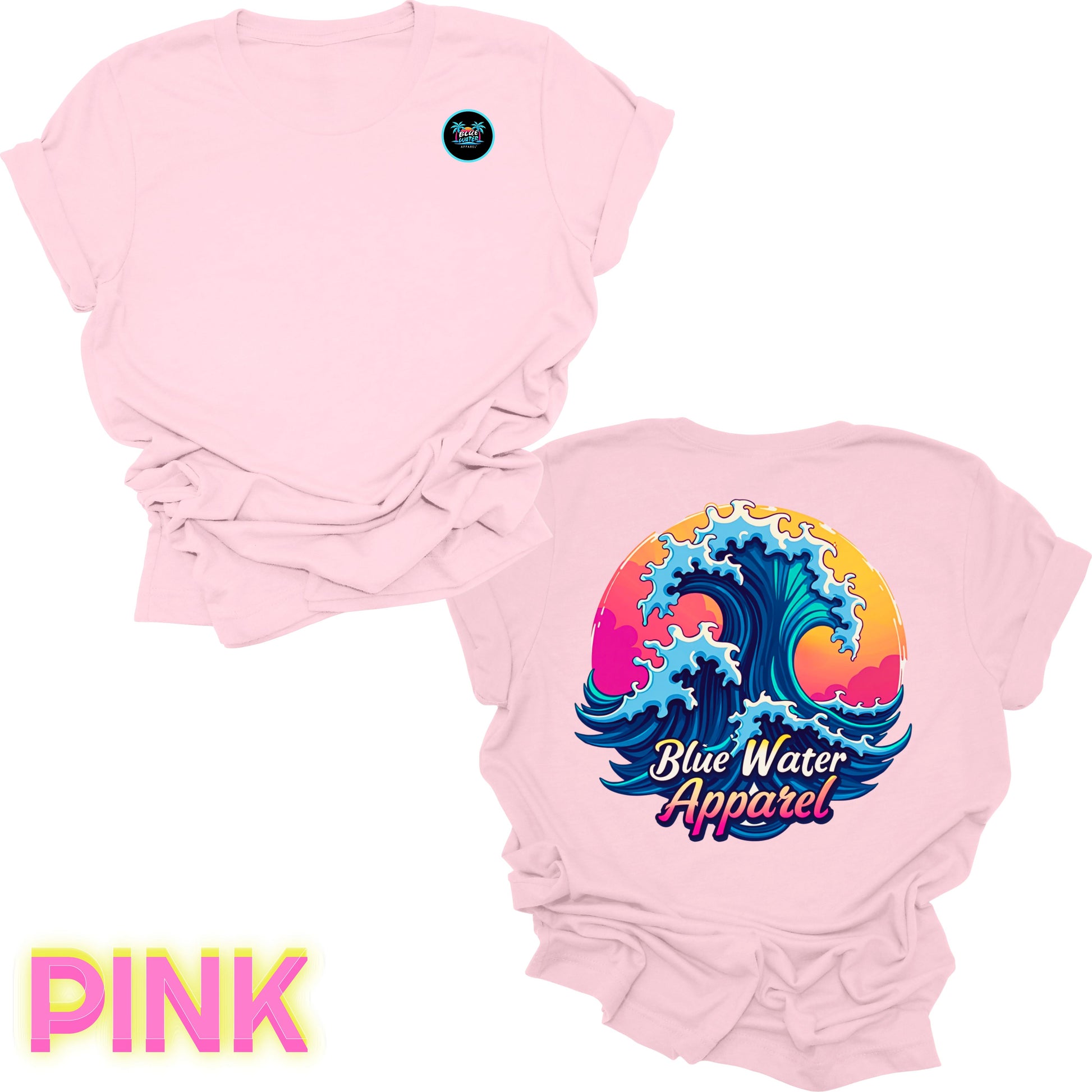 Flat lay pink back graphic retro wave tee by blue water apparel