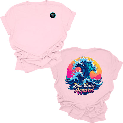 Flat lay pink retro wave tee by blue water apparel