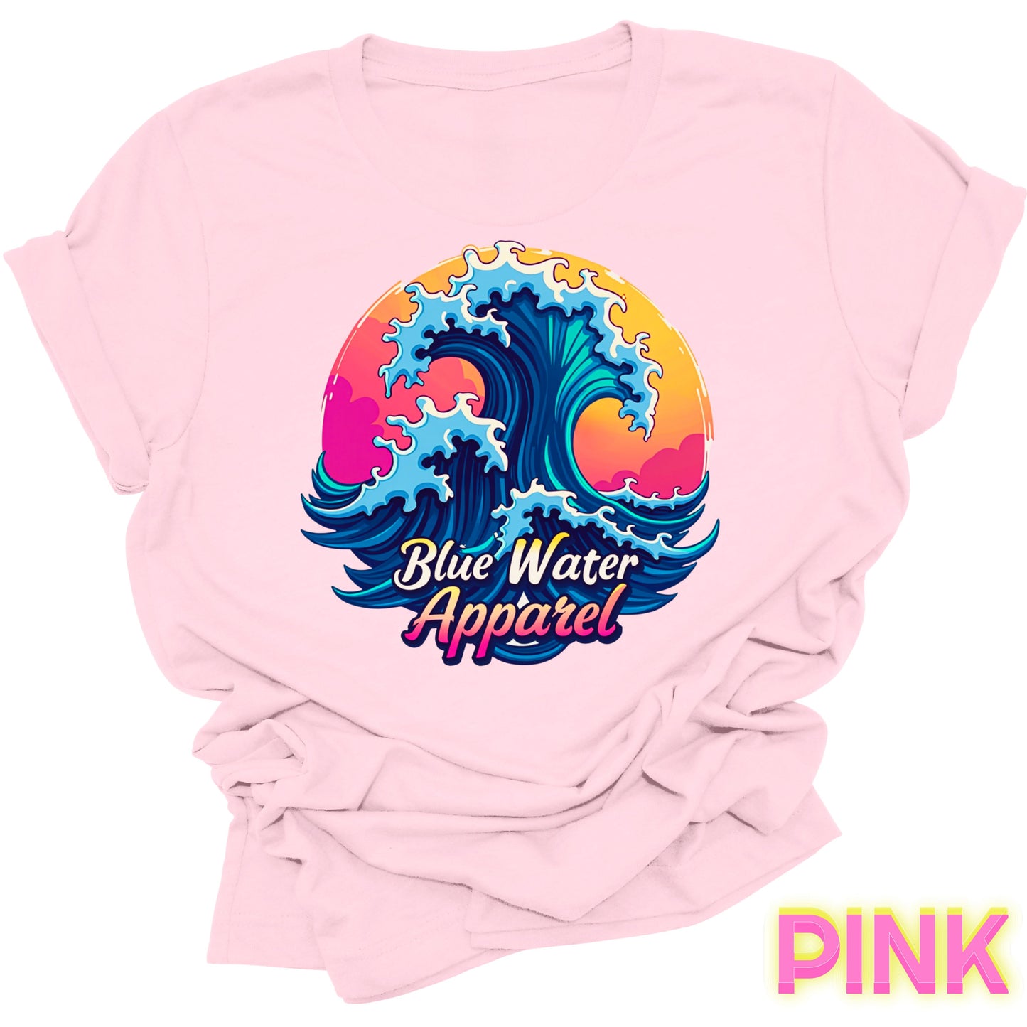 front graphic pink retro wave tee by blue water apparel