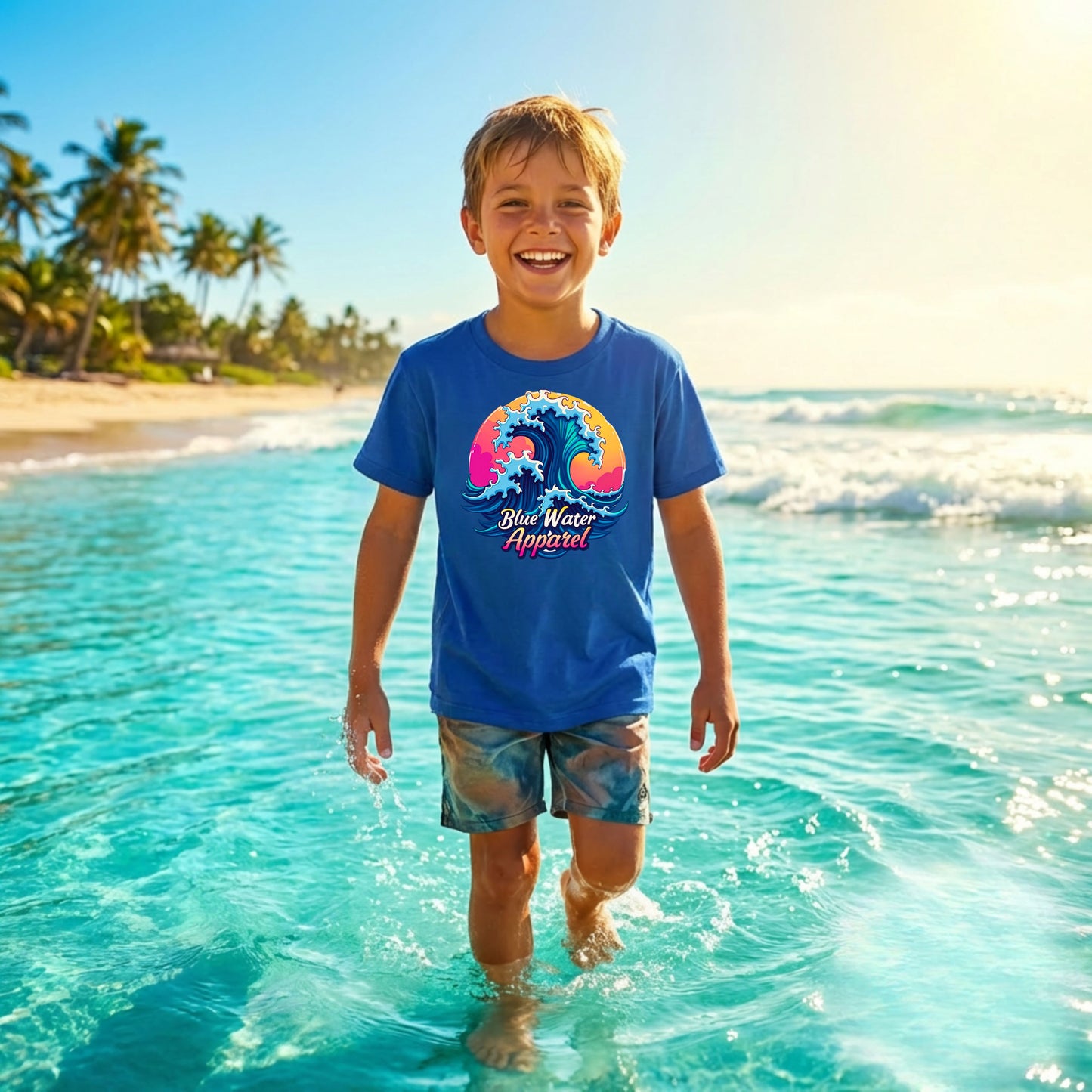 child wearing sapphire retro wave kids tee playing in ocean by blue water apparel