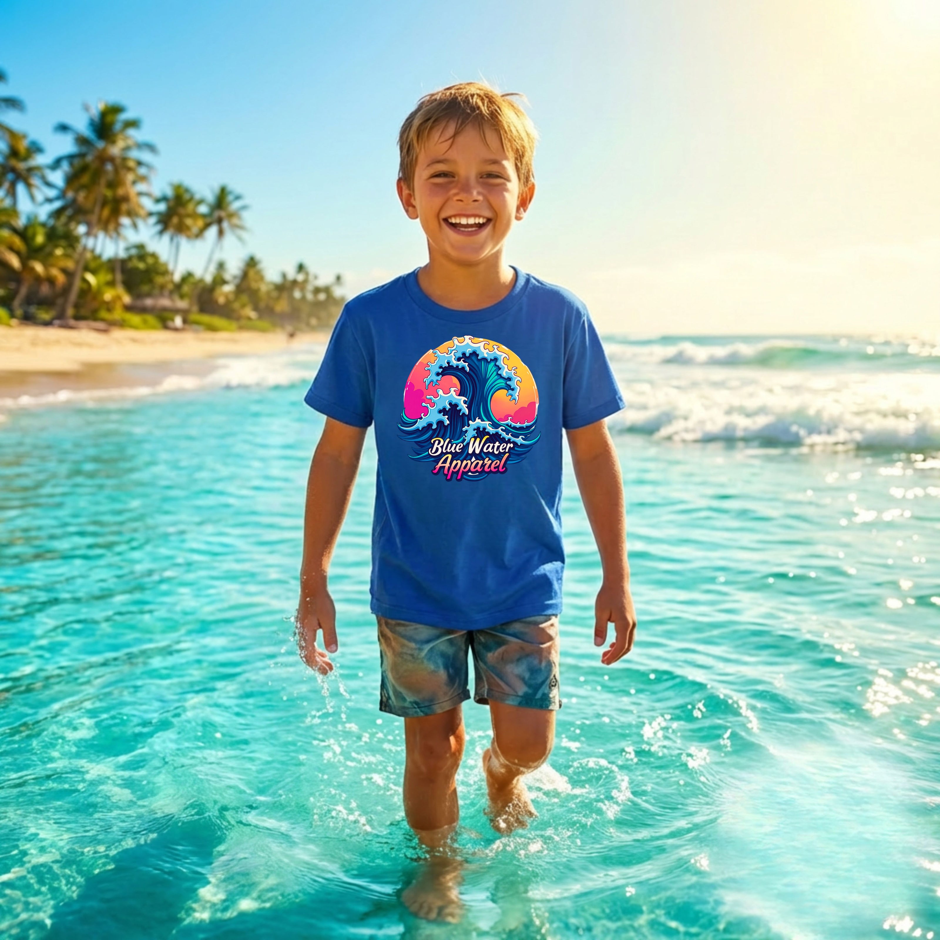 child wearing sapphire retro wave kids tee playing in ocean by blue water apparel