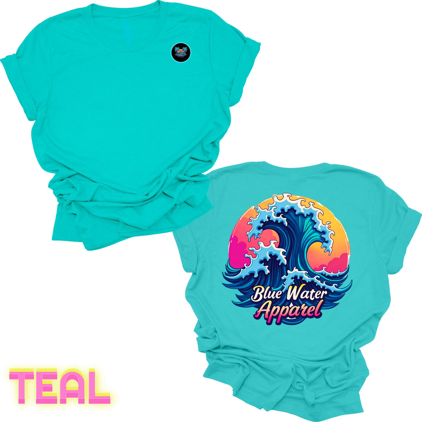 Flat lay teal back graphic retro wave tee by blue water apparel