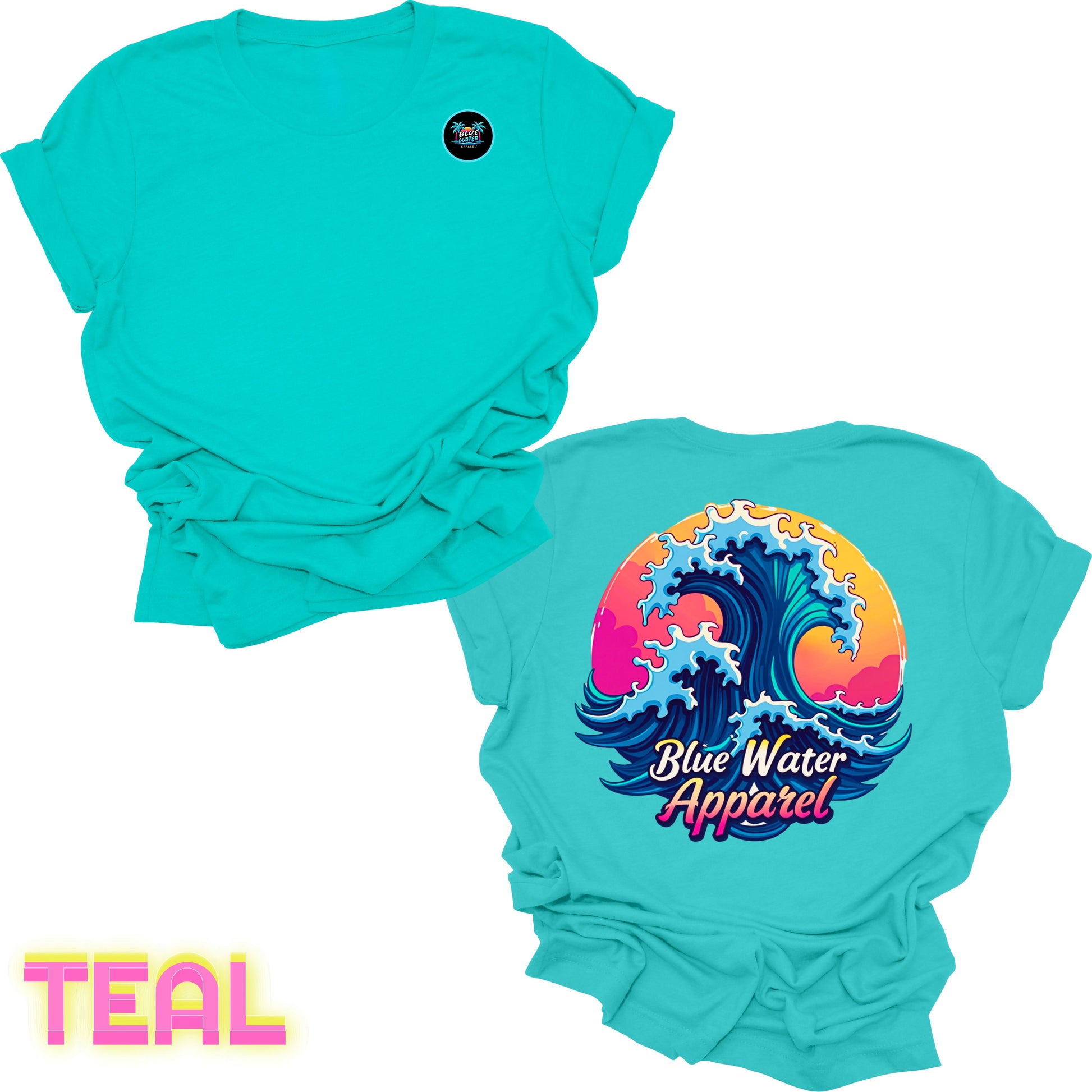 Flat lay teal back graphic retro wave tee by blue water apparel