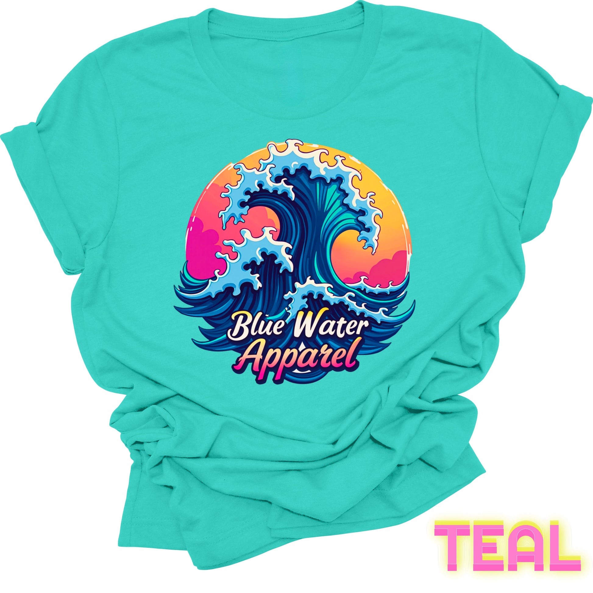 front graphic teal retro wave tee by blue water apparel
