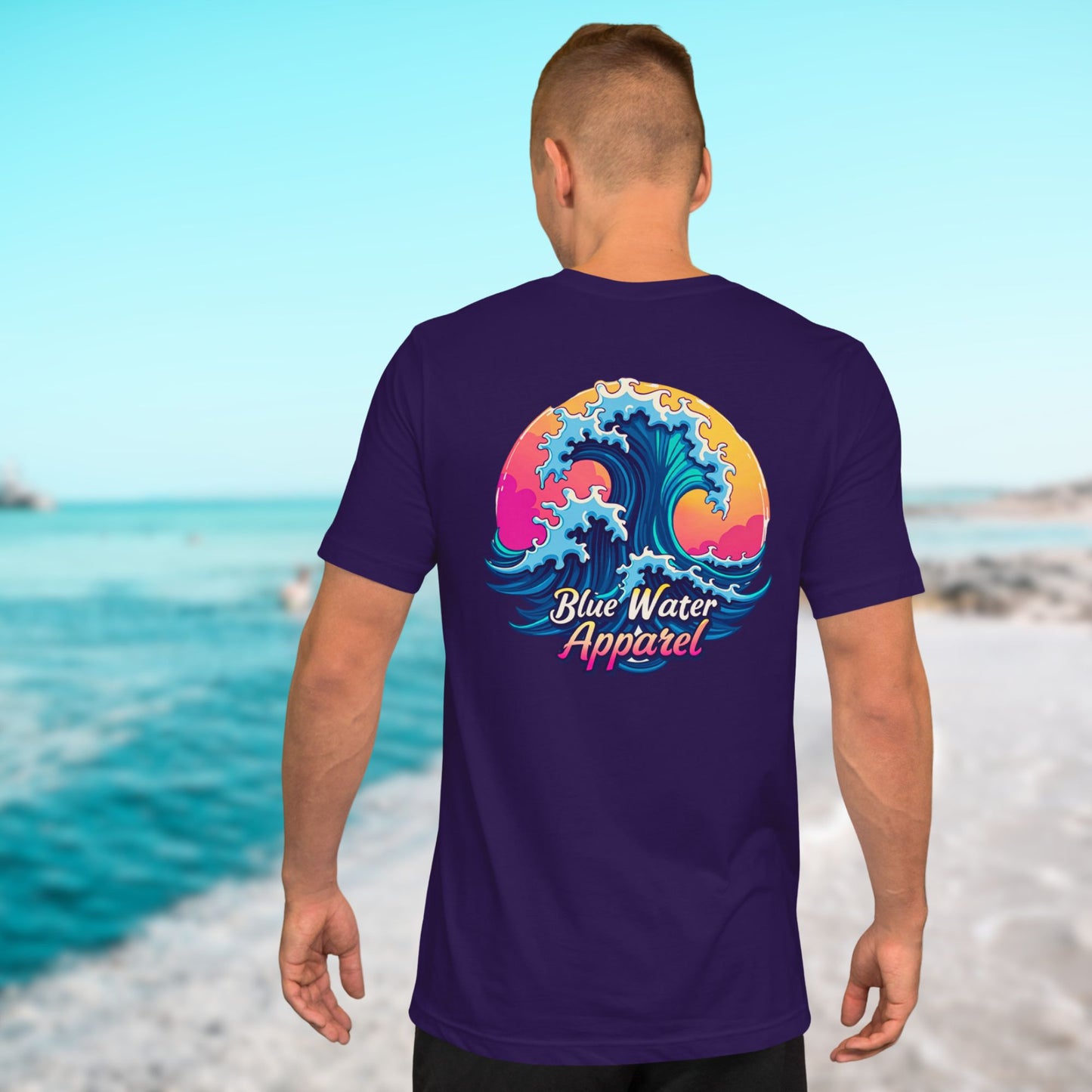 male model wearing team purple retro wave tee by blue water apparel