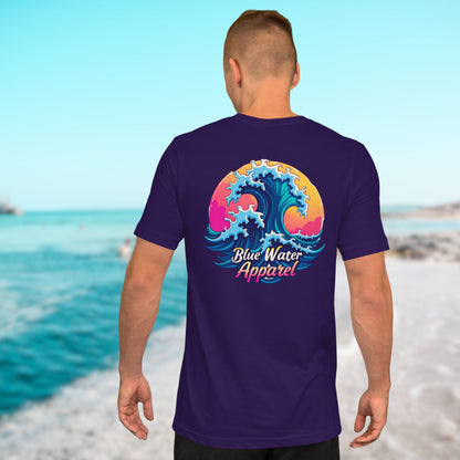 male model wearing team purple retro wave tee by blue water apparel