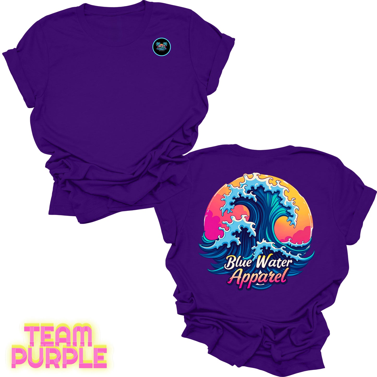 Flat lay team purple back graphic retro wave tee by blue water apparel