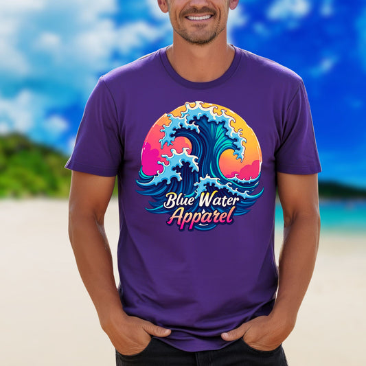 model wearing team purple retro wave tee by blue water apparel