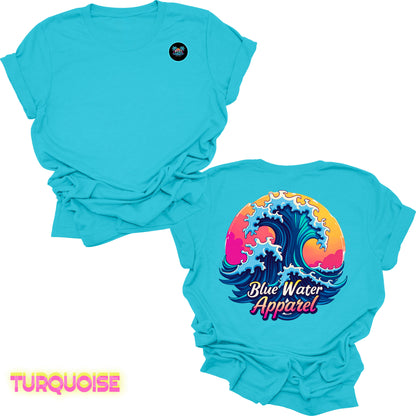 Flat lay turquoise back graphic retro wave tee by blue water apparel