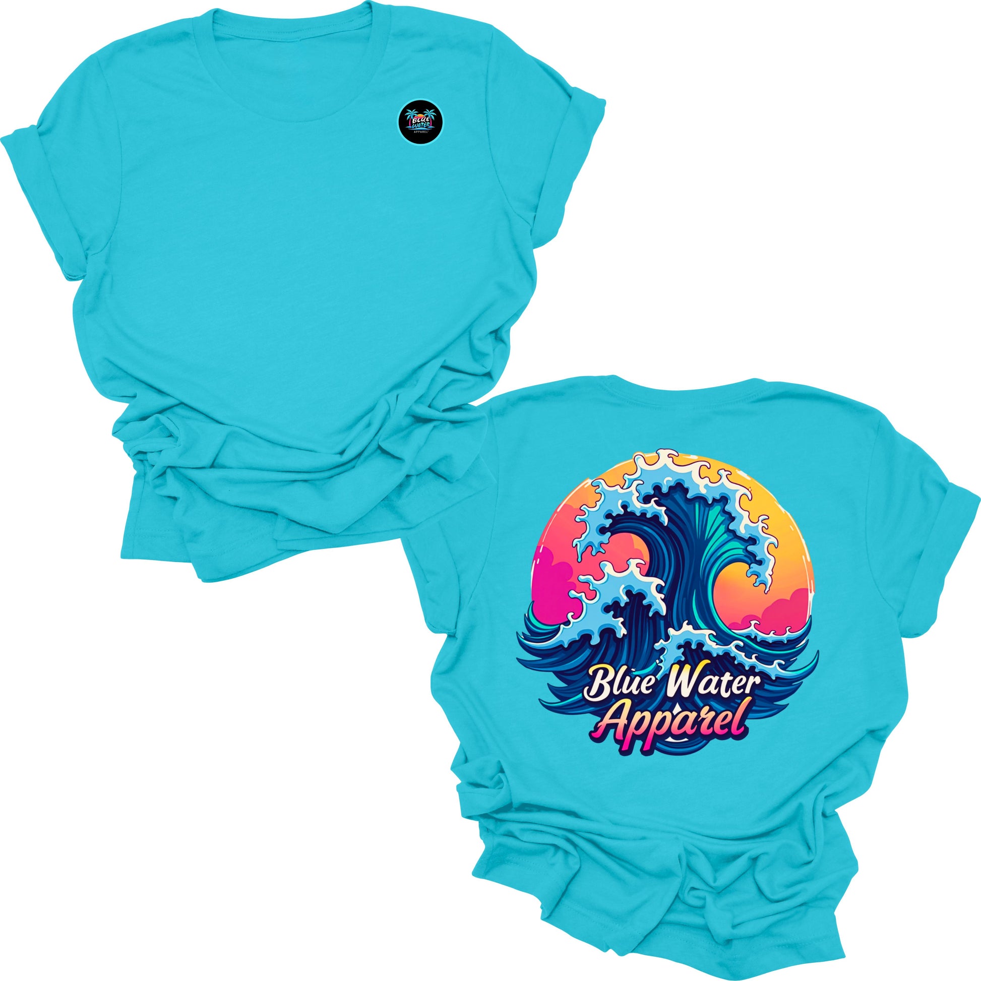 Flat lay turquoise retro wave tee by blue water apparel