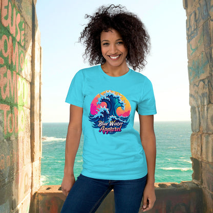 female model wearing turquoise retro wave tee by blue water apparel