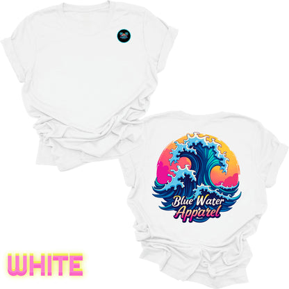 Flat lay white back graphic retro wave tee by blue water apparel