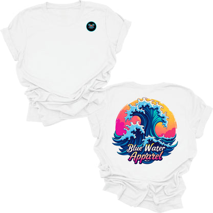 Flat lay white retro wave tee by blue water apparel