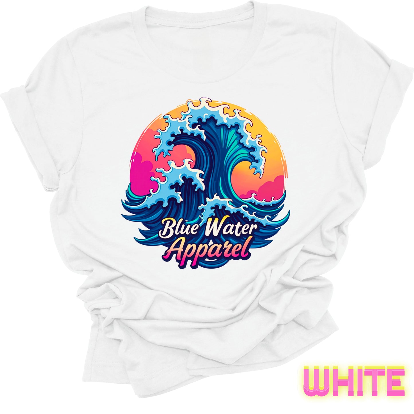 front graphic white retro wave tee by blue water apparel