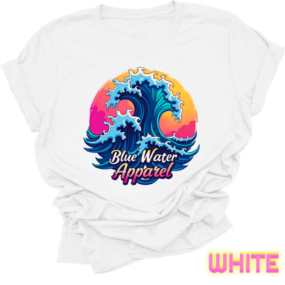 front graphic white retro wave tee by blue water apparel