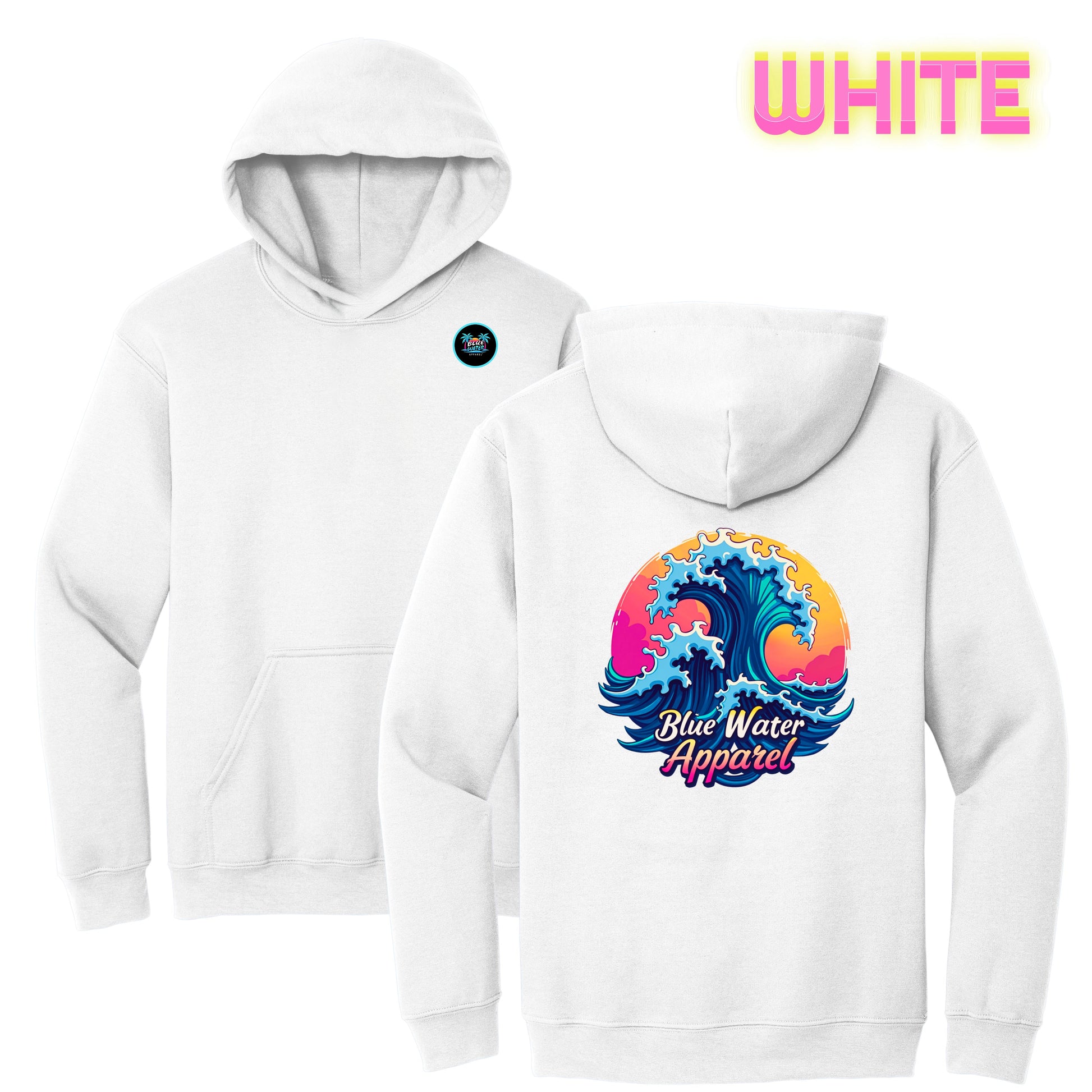 flat lay white retro wave hoodie by blue water apparel