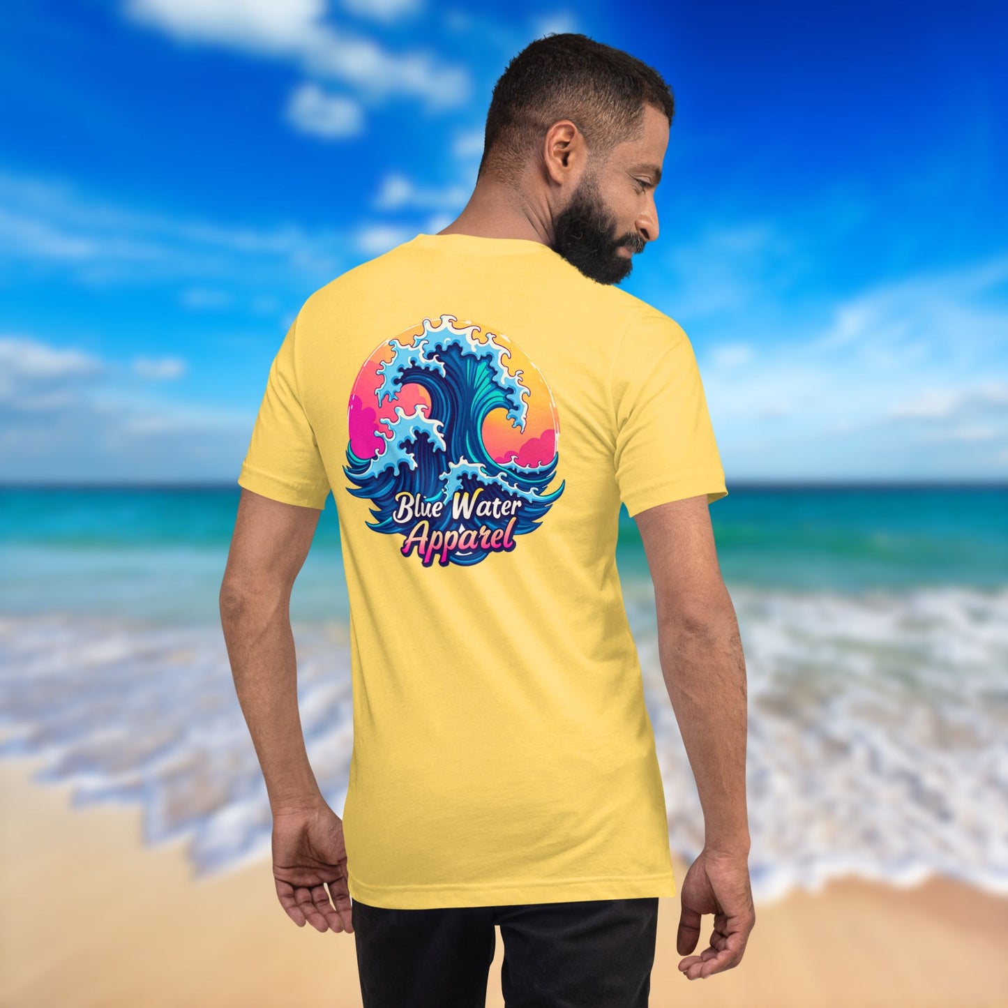 model on beach wearing yellow retro wave tee by blue water apparel