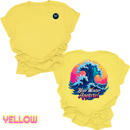 Flat lay yellow back graphic retro wave tee by blue water apparel