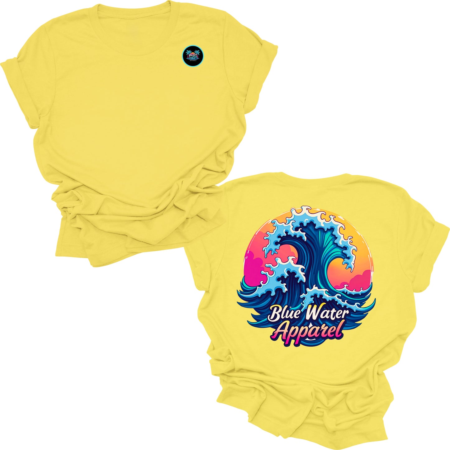 Flat lay yellow retro wave tee by blue water apparel