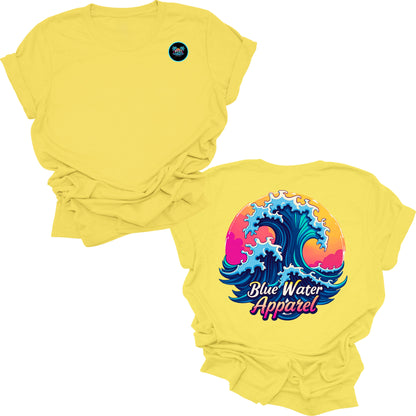 Flat lay yellow retro wave tee by blue water apparel