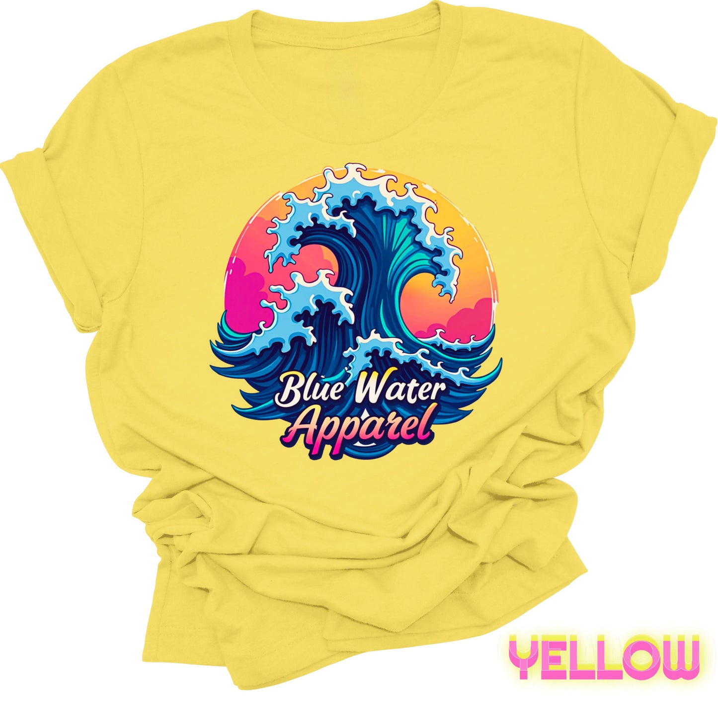 front graphic yellow retro wave tee by blue water apparel