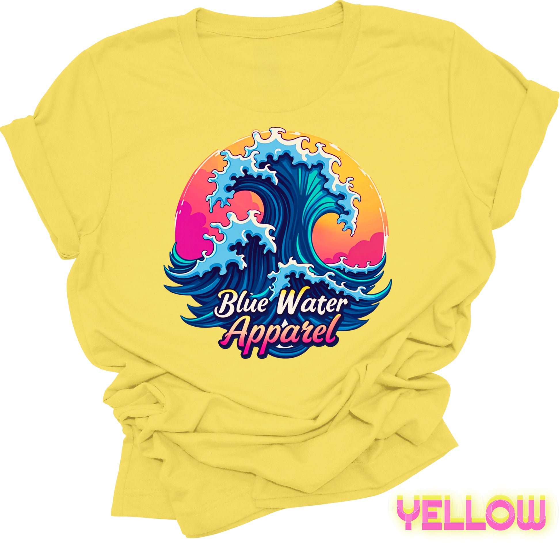 front graphic yellow retro wave tee by blue water apparel
