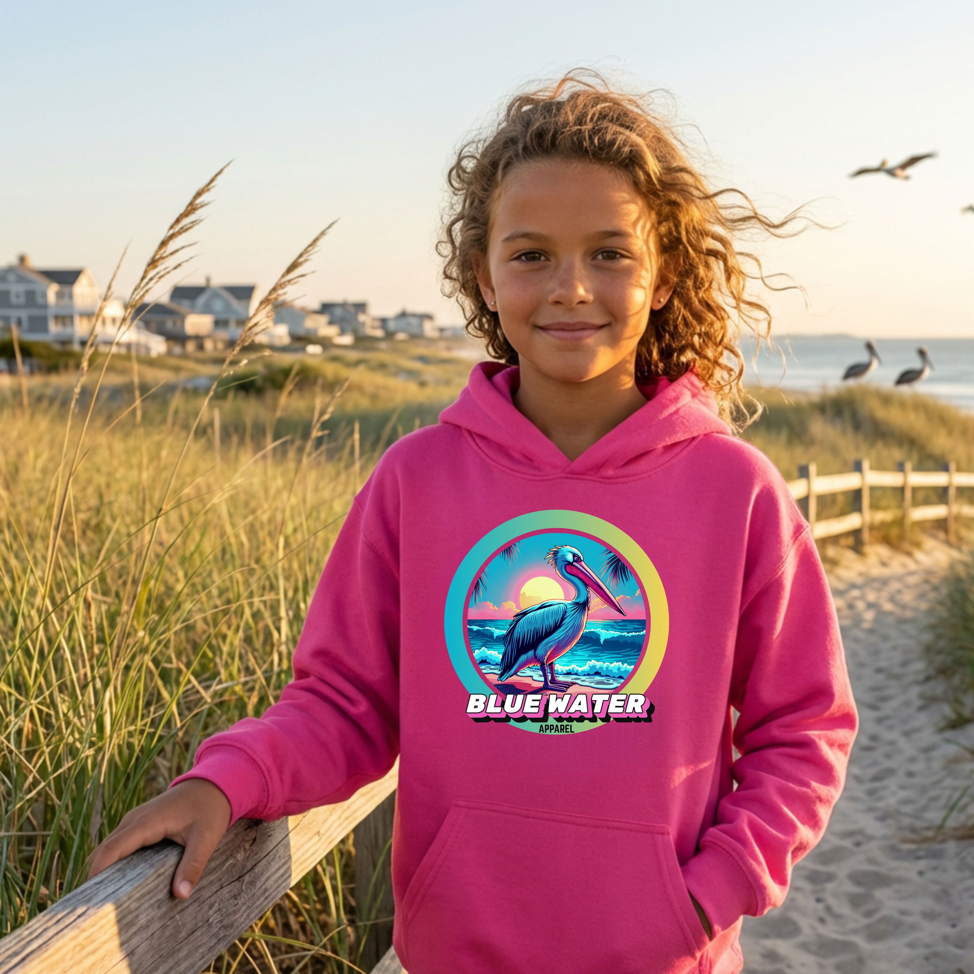 girl wearing heliconia retro pelican kids hoodie on a coastal trail by blue water apparel