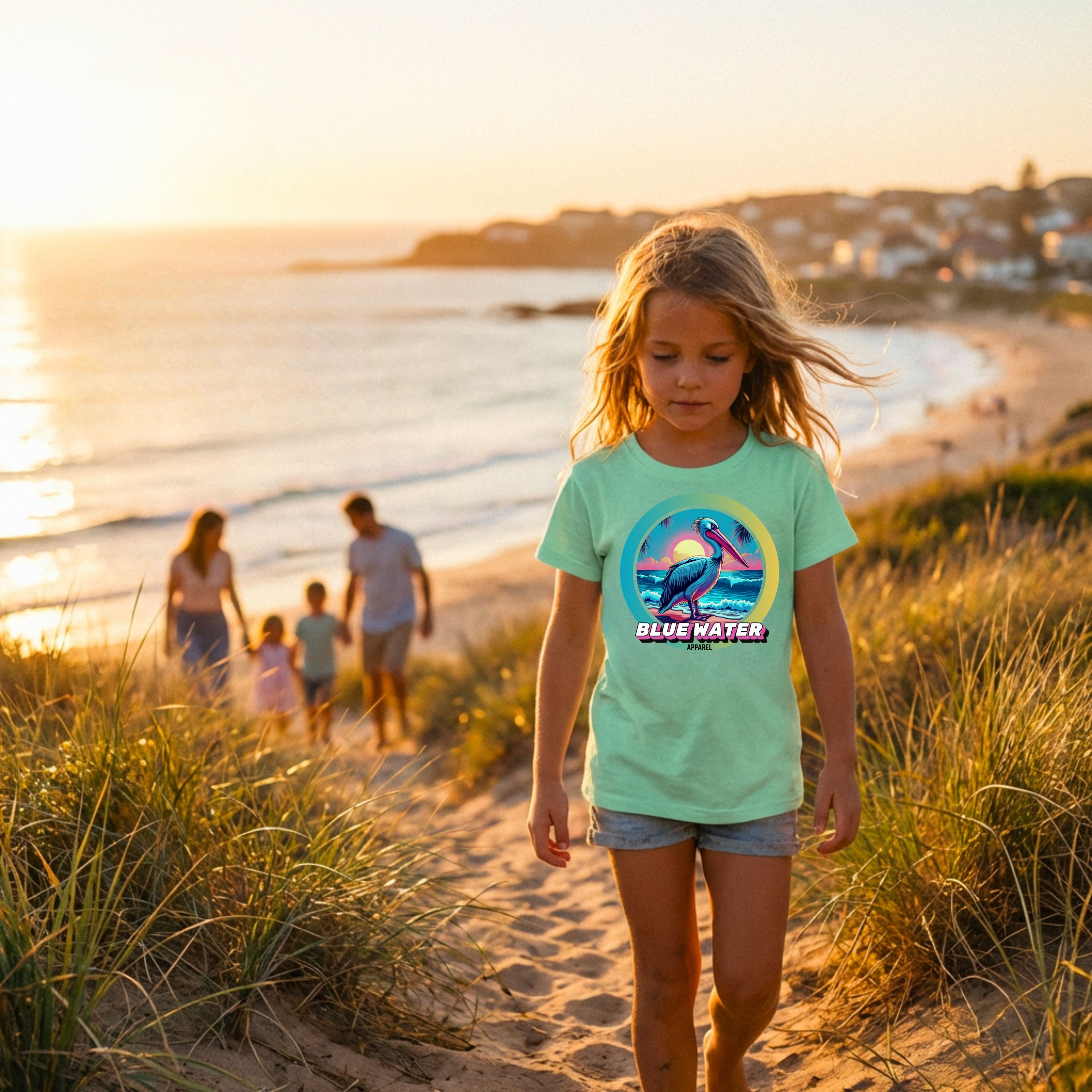 child wearing mint retro pelican kids tee walking up coastal grass trail with family by blue water apparel