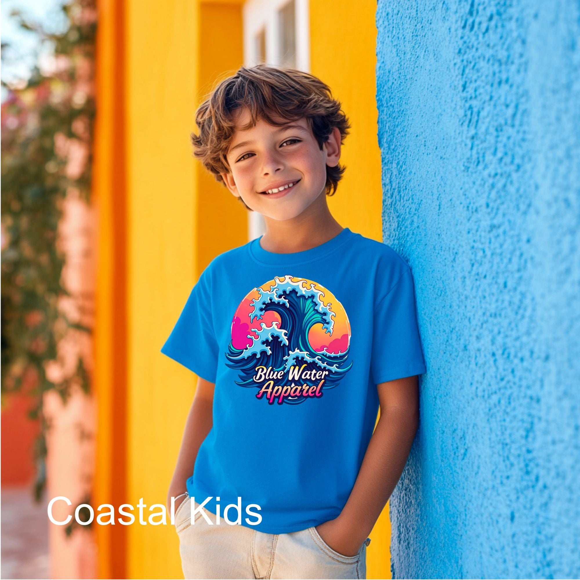 kid wearing sapphire blue retro wave kids tee leaning against a color block wall by blue water apparel