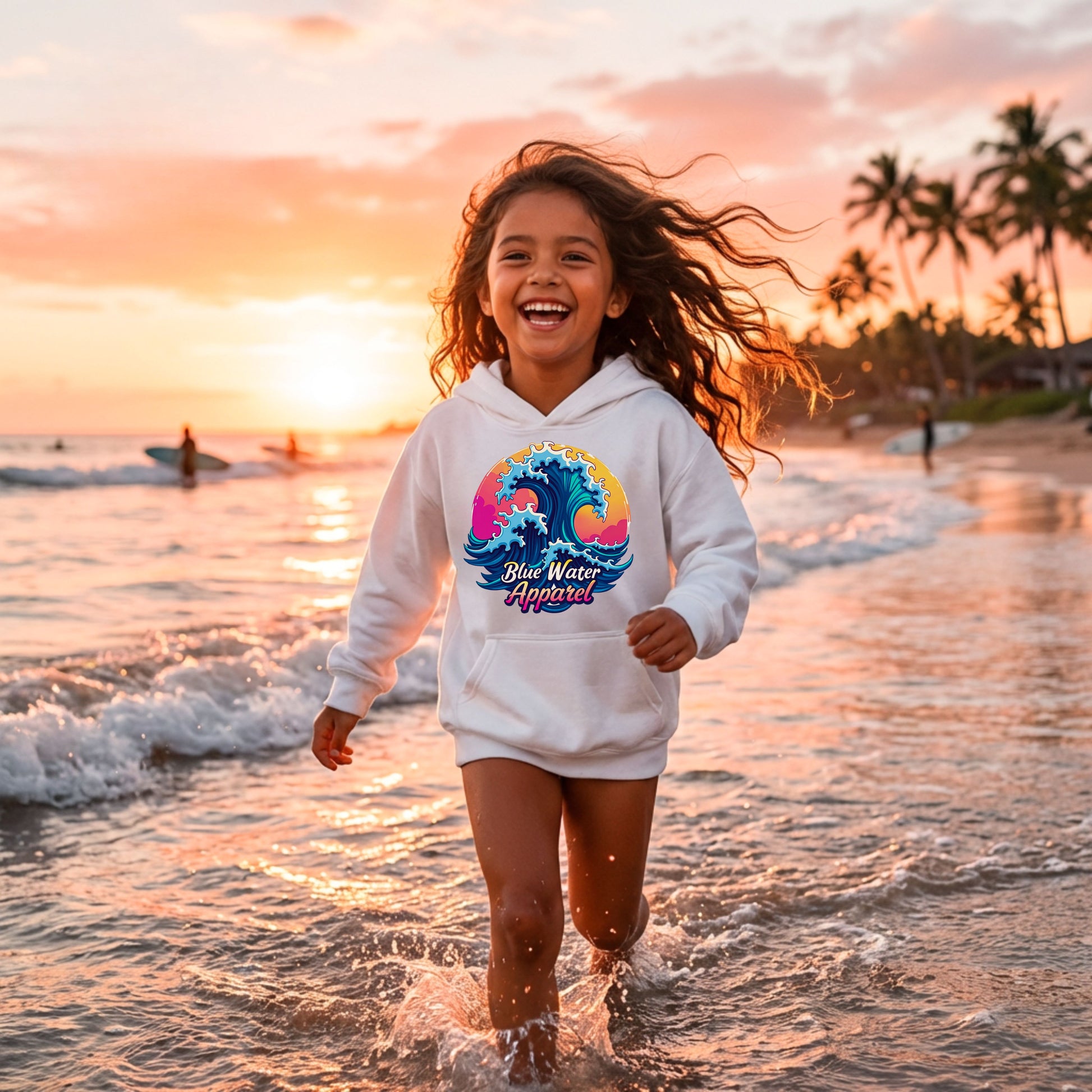 girl wearing white retro wave kids hoodie running through water on beach by blue water apparel