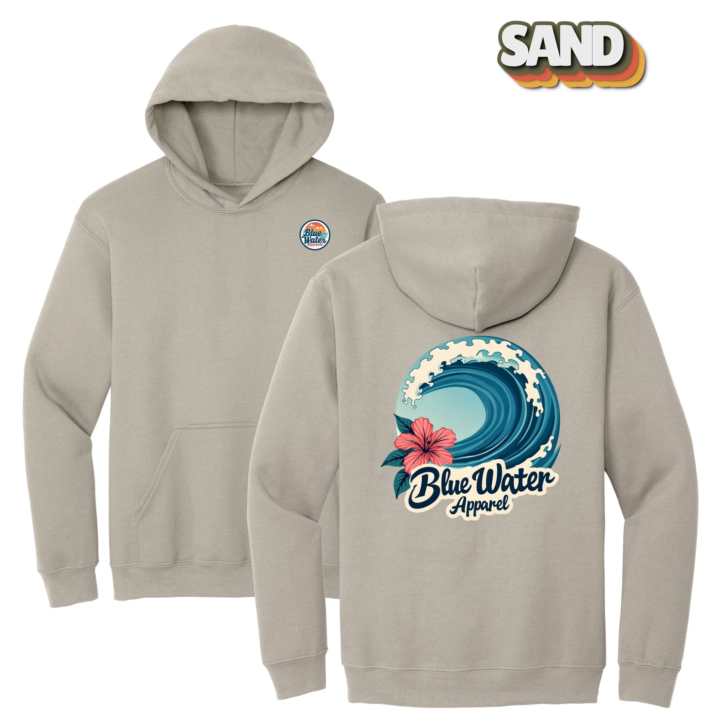 flat lay sand hibiscus wave hoodie by blue water apparel