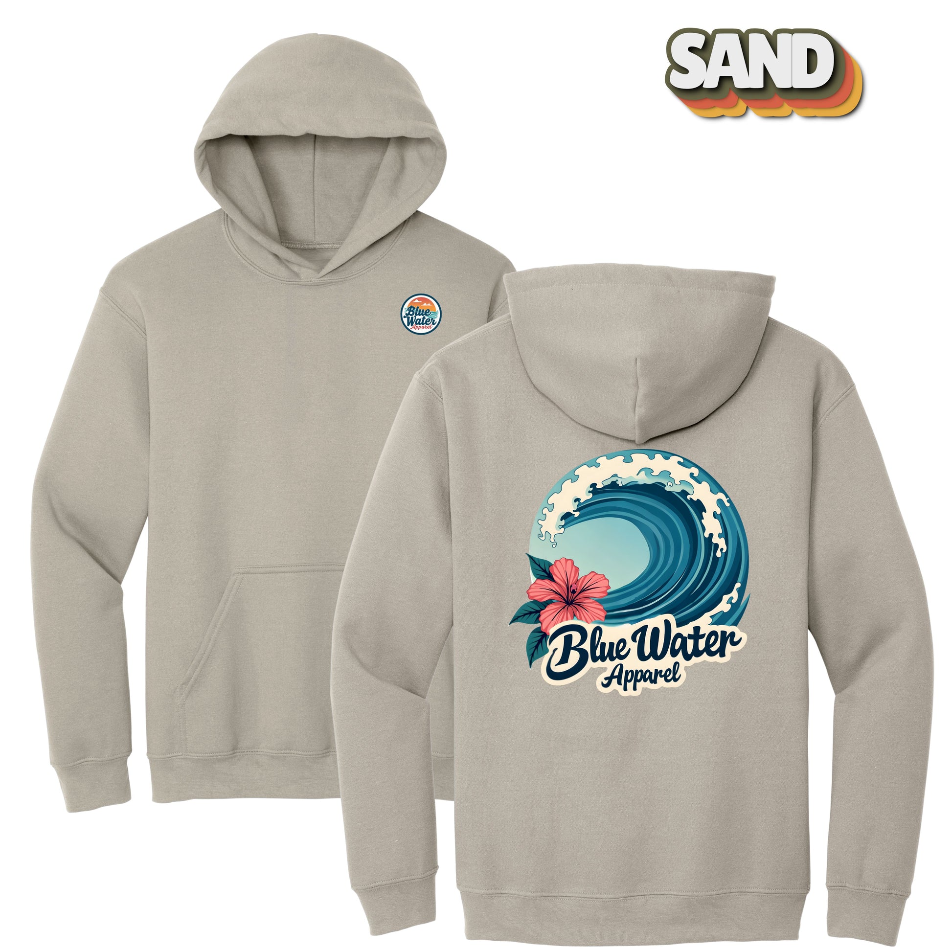 flat lay sand hibiscus wave hoodie by blue water apparel