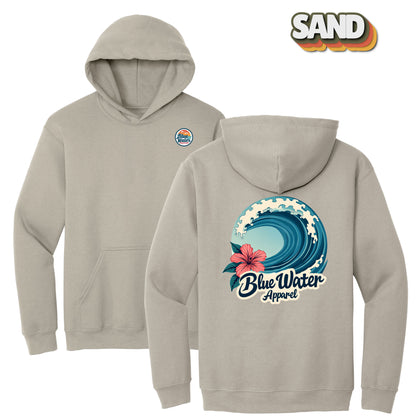 flat lay sand hibiscus wave hoodie by blue water apparel