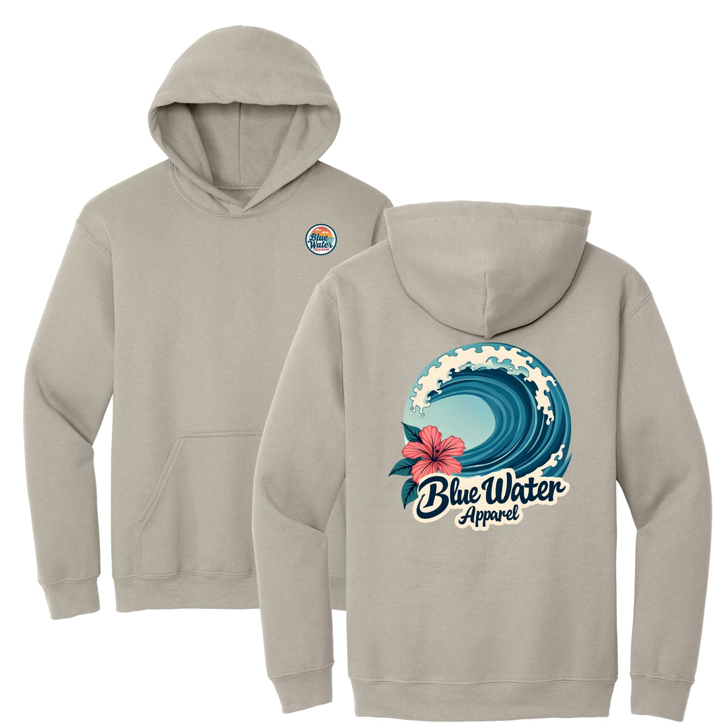 flat lay sand hibiscus wave hoodie by blue water apparel