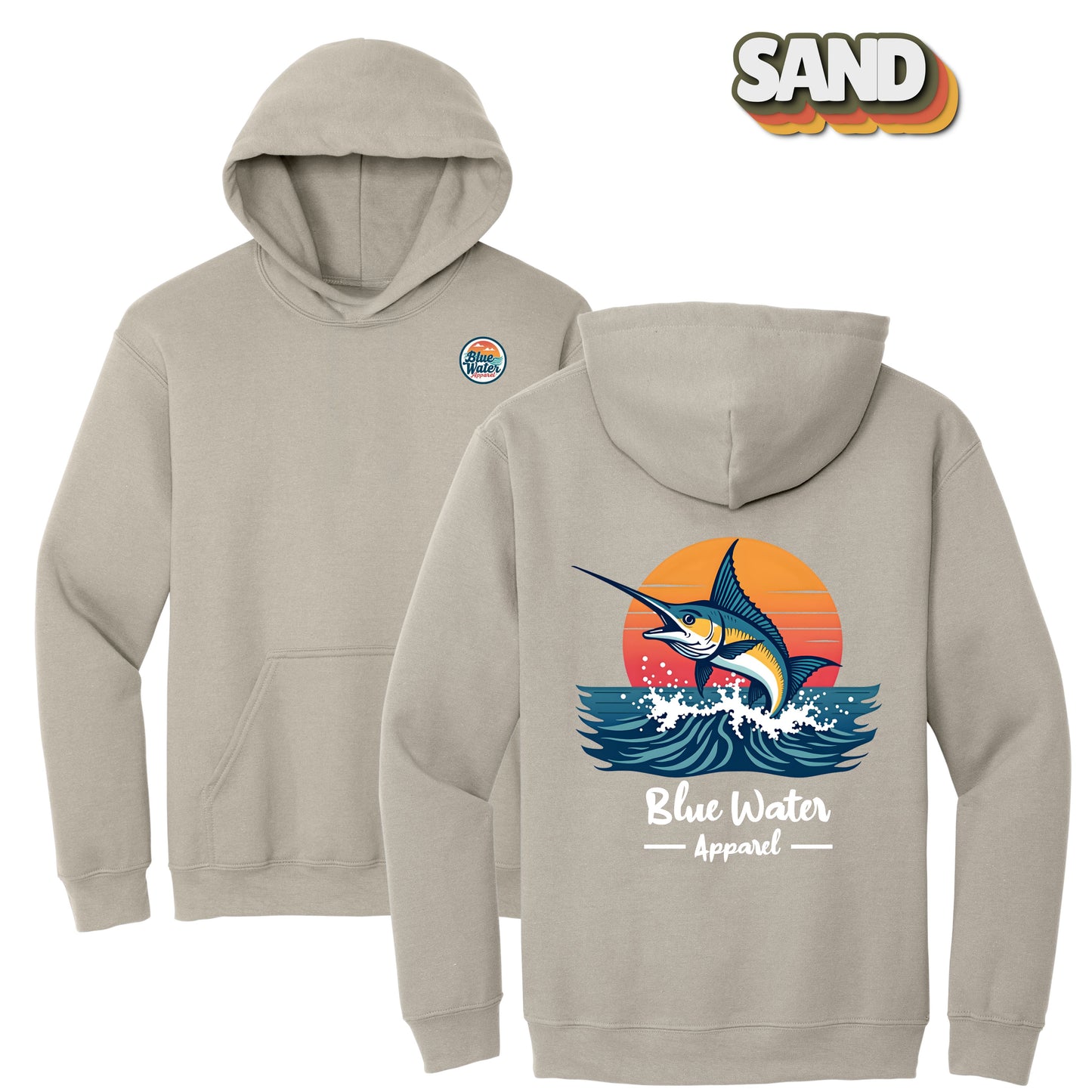 flat lay back graphic sand vintage marlin hoodie by blue water apparel