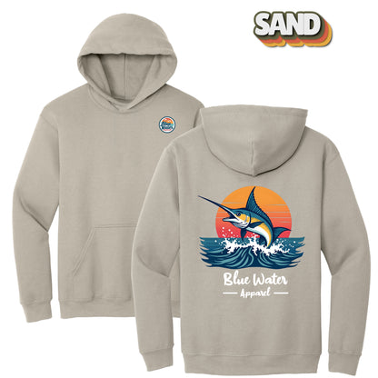 flat lay back graphic sand vintage marlin hoodie by blue water apparel