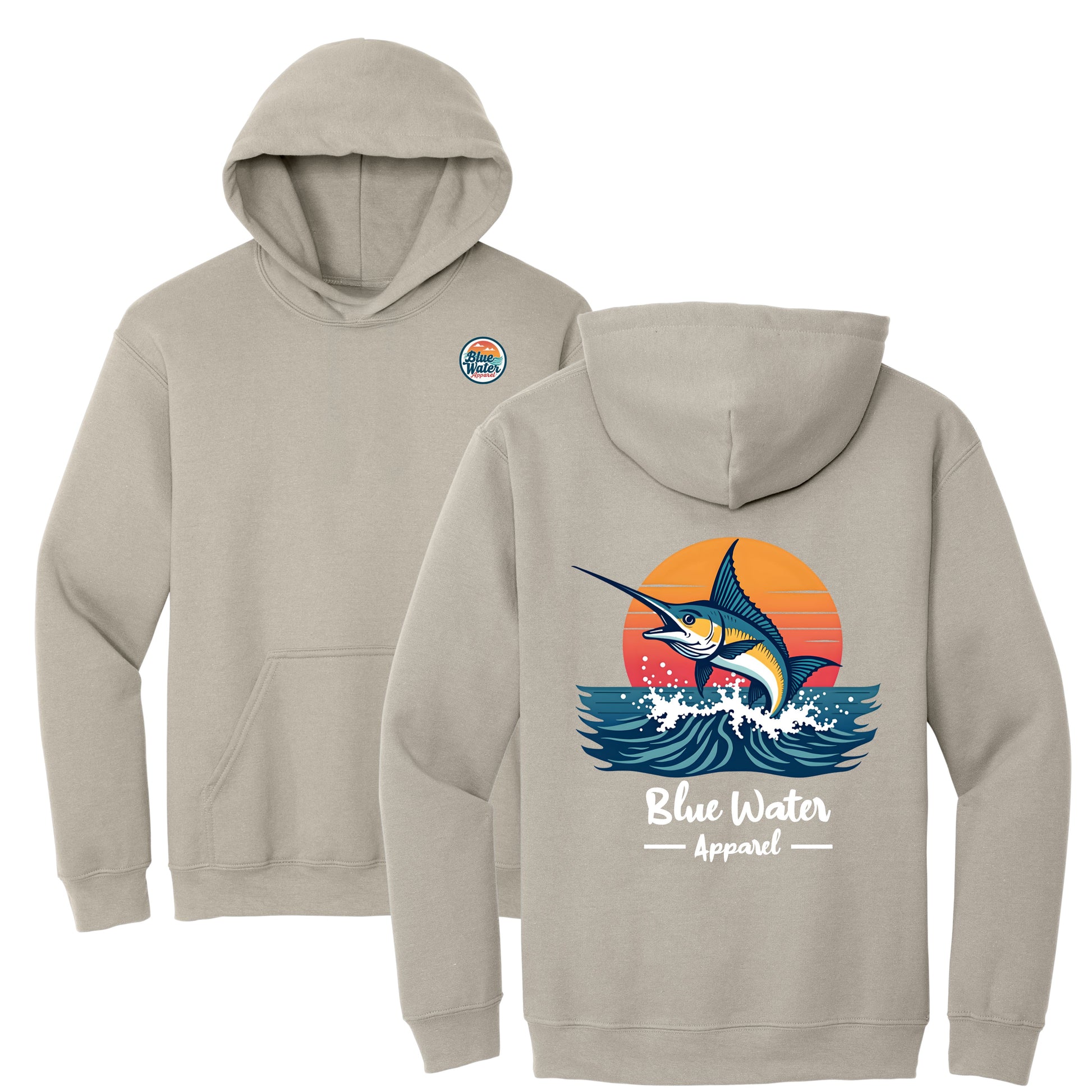 flat lay sand vintage marlin hoodie by blue water apparel