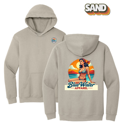 flat lay sand vintage pin up hoodie by blue water apparel