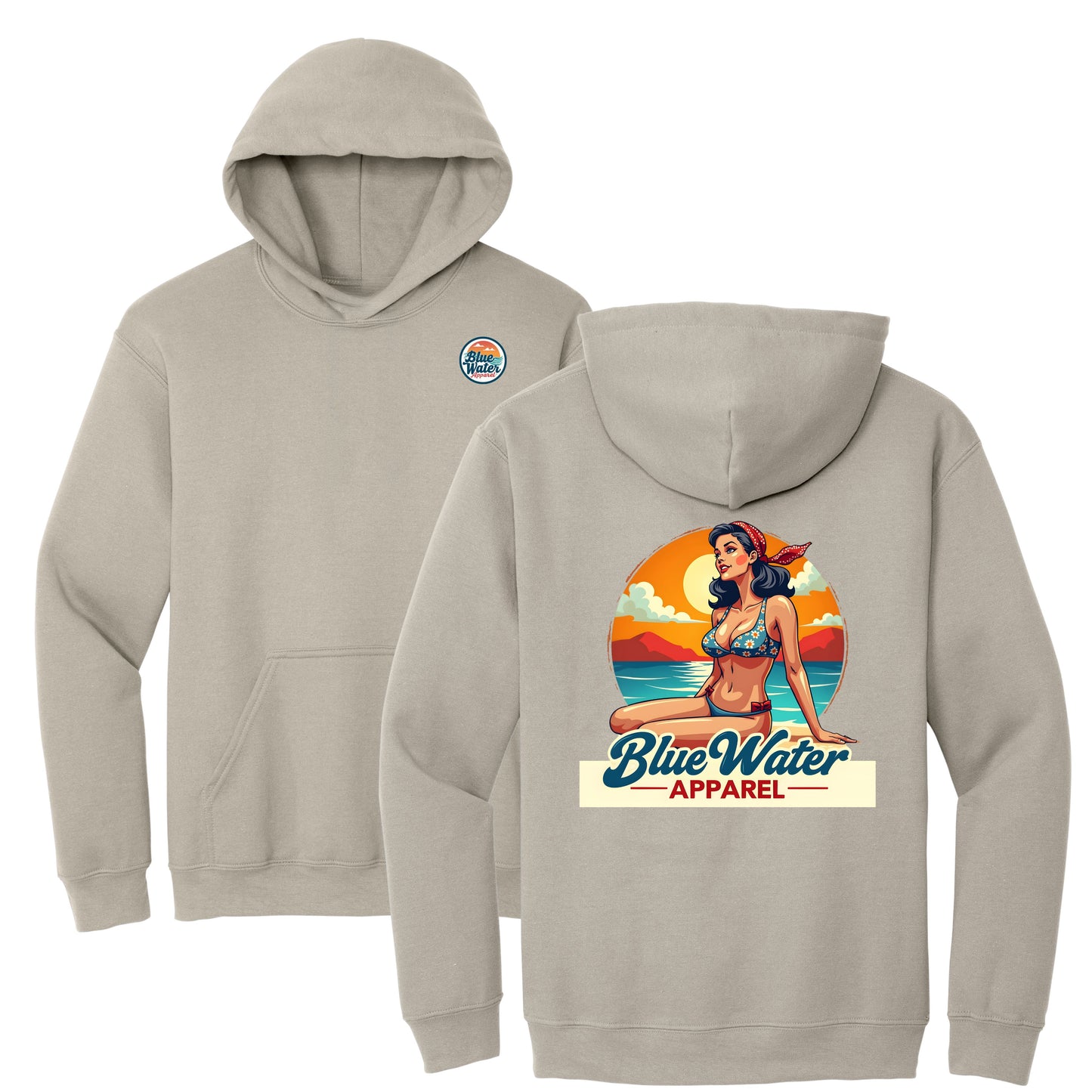 flat lay sand vintage pin up hoodie by blue water apparel
