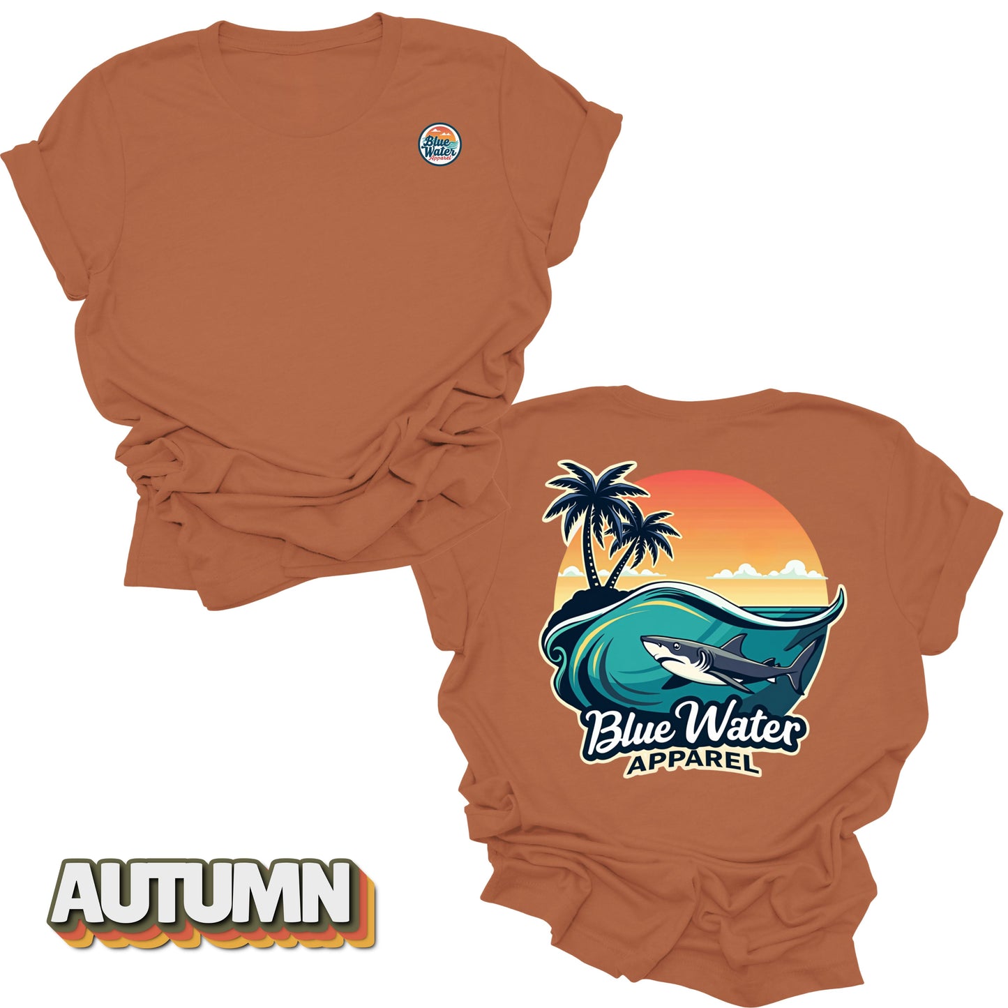 back graphic autumn shark wave tee by blue water apparel