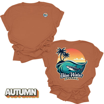 back graphic autumn shark wave tee by blue water apparel