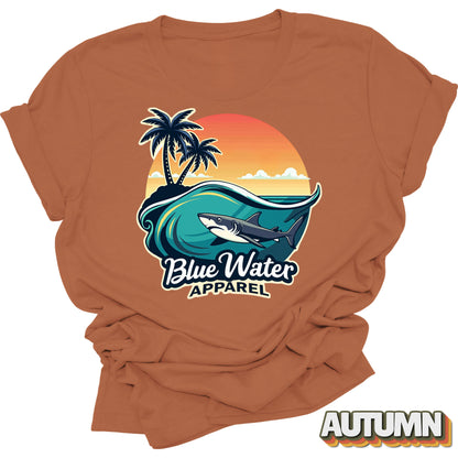 flat lay front graphic shark wave autumn tee by blue water apparel