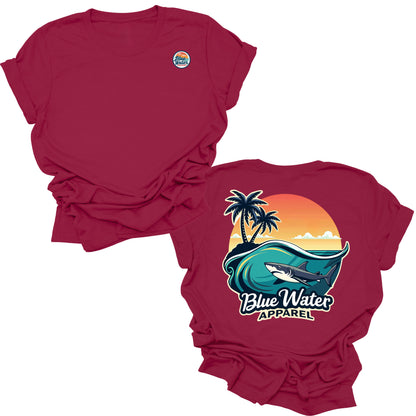 flat lay cardinal shark wave tee by blue water apparel