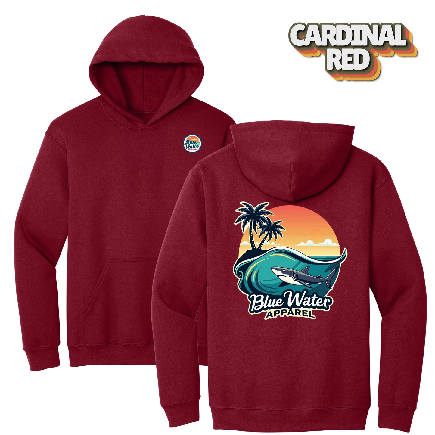 flat lay cardinal red shark wave hoodie by blue water apparel