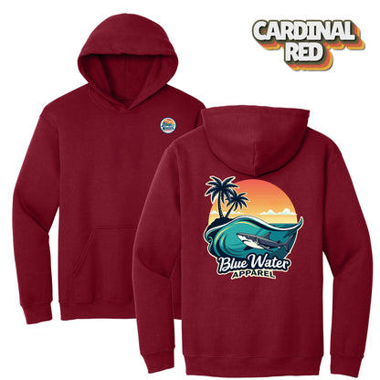flat lay cardinal red shark wave hoodie by blue water apparel