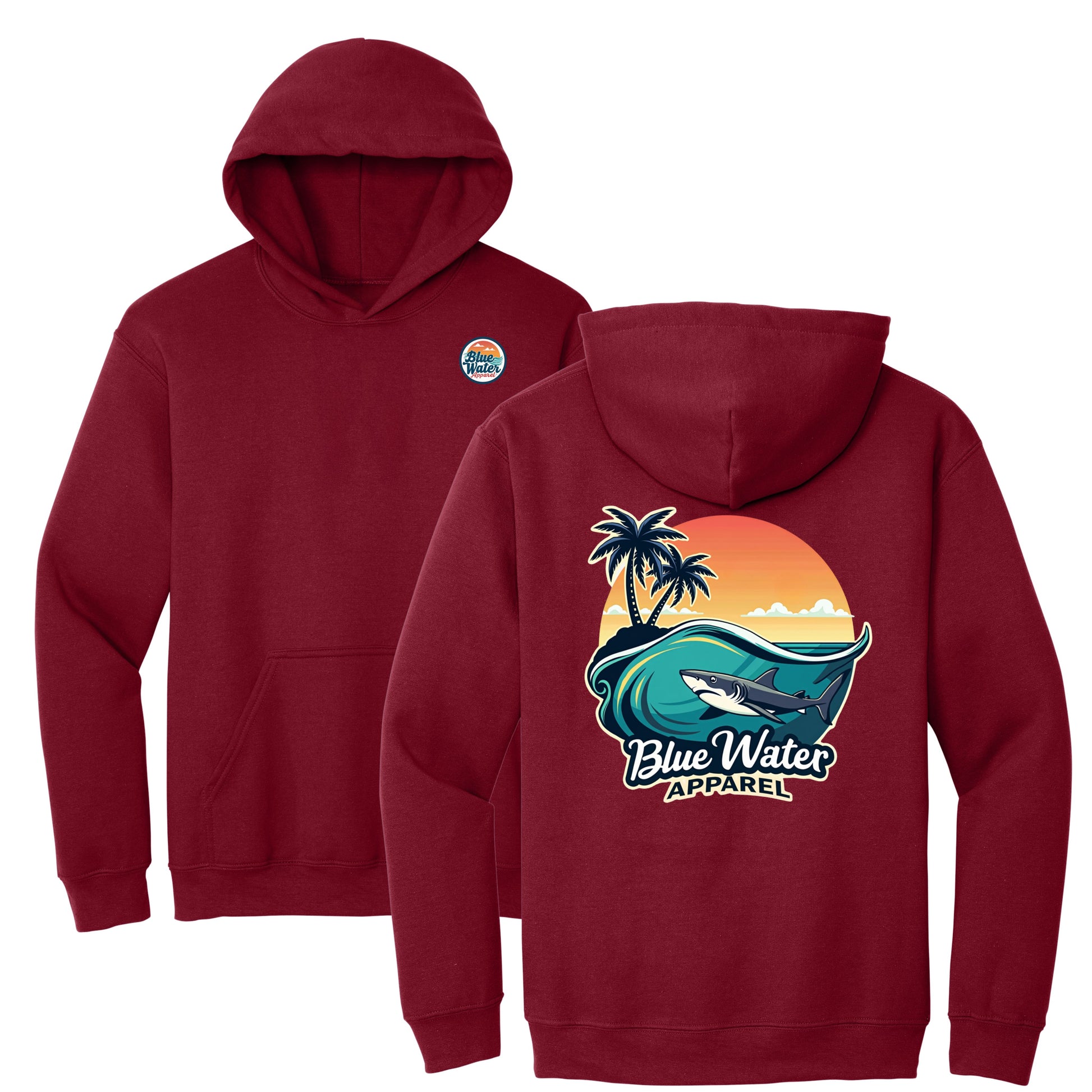 flat lay cardinal red shark wave hoodie by blue water apparel