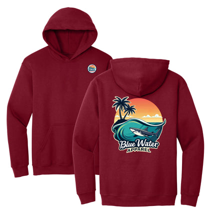 flat lay cardinal red shark wave hoodie by blue water apparel