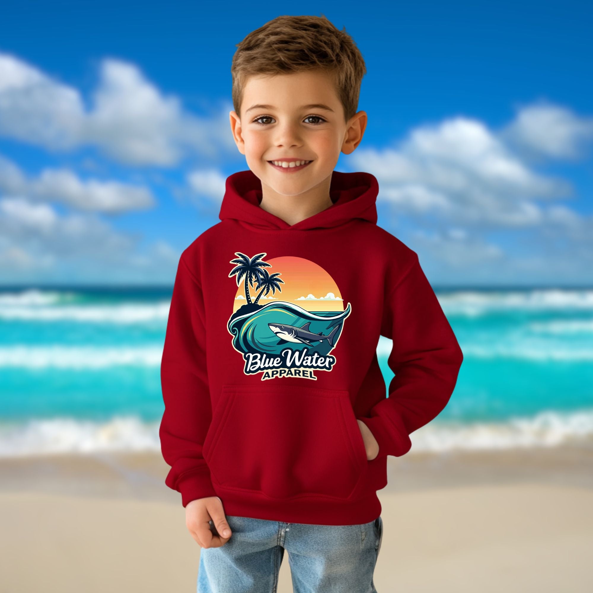 child model on beach wearing cardinal red shark wave kids hoodie by blue water apparel